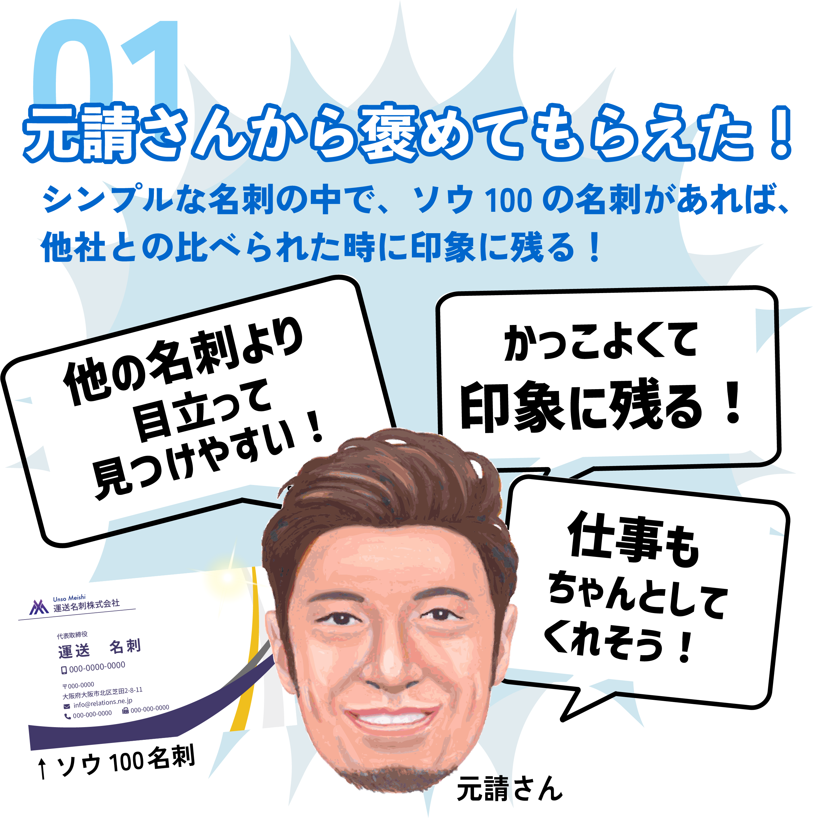 01元請けさんから褒めてもらえた！
シンプルな名刺の中でソウ100名刺があれば他社と比べられた時に印象に残る！